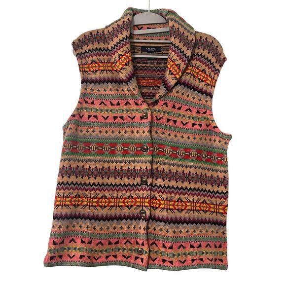 Chaps Ralph Lauren Sweater Vest •L• Southwestern Aztec Button Up Shawl Collar - Picture 3 of 8